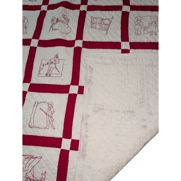 Redwork Colonial Embroidered Quilt Early 1900s Twin 83x67 Pioneer Hand quilted - Picture 11 of 16